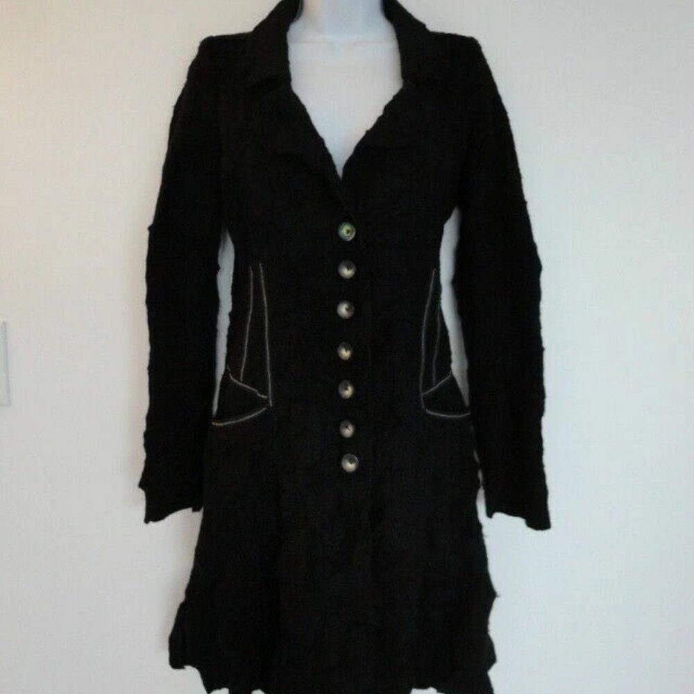 ANTONELLO Black Boiled Wool Button Front A Line Long Coat Jacket Small S Italy